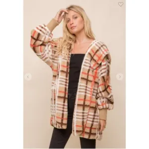 #0140 Hem &amp; Thread Taupe Mix Check Fur Oversized Hoodie Jacket Cardigan One Size