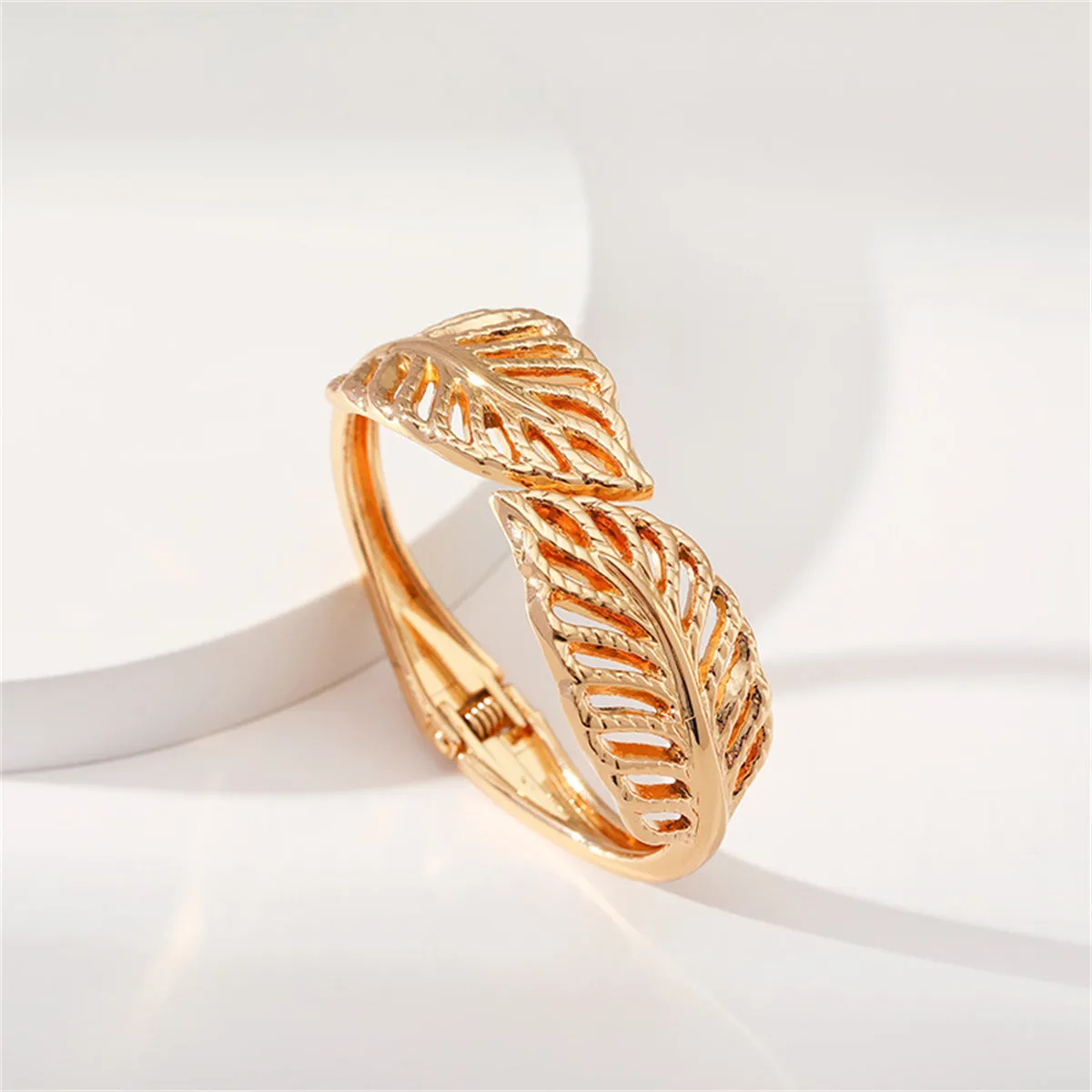 18K Gold-Plated Leaves Hinged Bypass Bangle