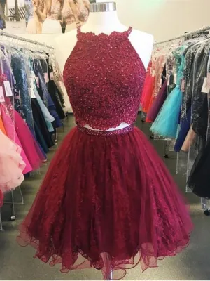 2018 Burgundy Two Piece Prom Dresses Lace Homecoming Dress Halter