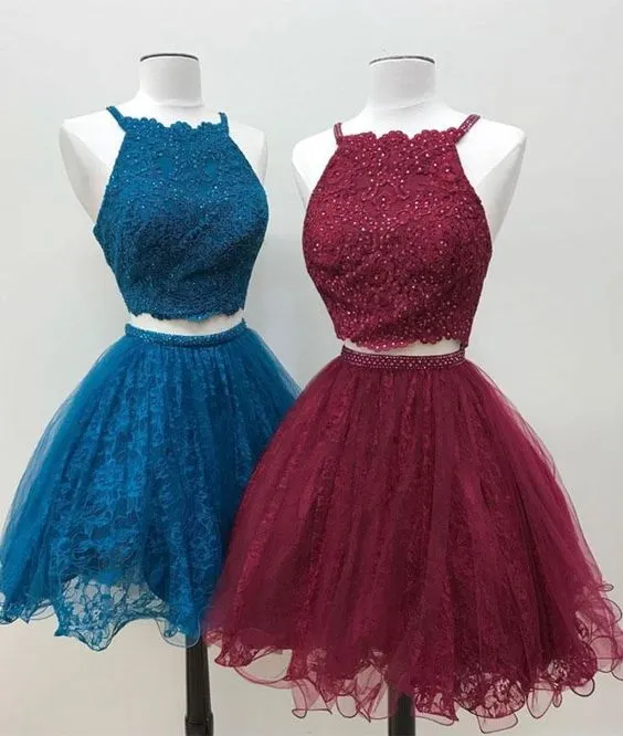 2018 Burgundy Two Piece Prom Dresses Lace Homecoming Dress Halter