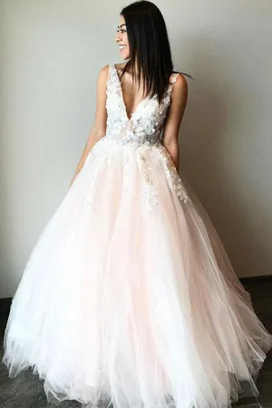 A Line Tulle V Neck Sleeveless Prom Dresses With Lace Appliques OK822
