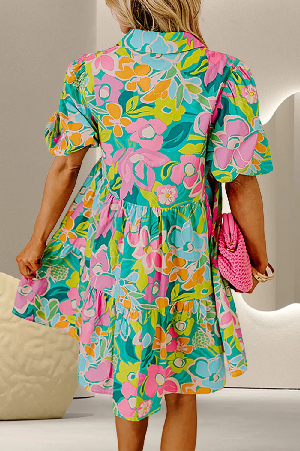 Adalyn Printed Collared Neck Puff Sleeve Mini Dress