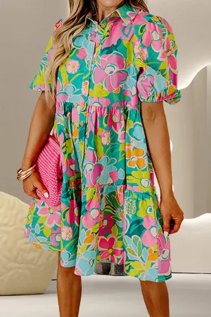 Adalyn Printed Collared Neck Puff Sleeve Mini Dress
