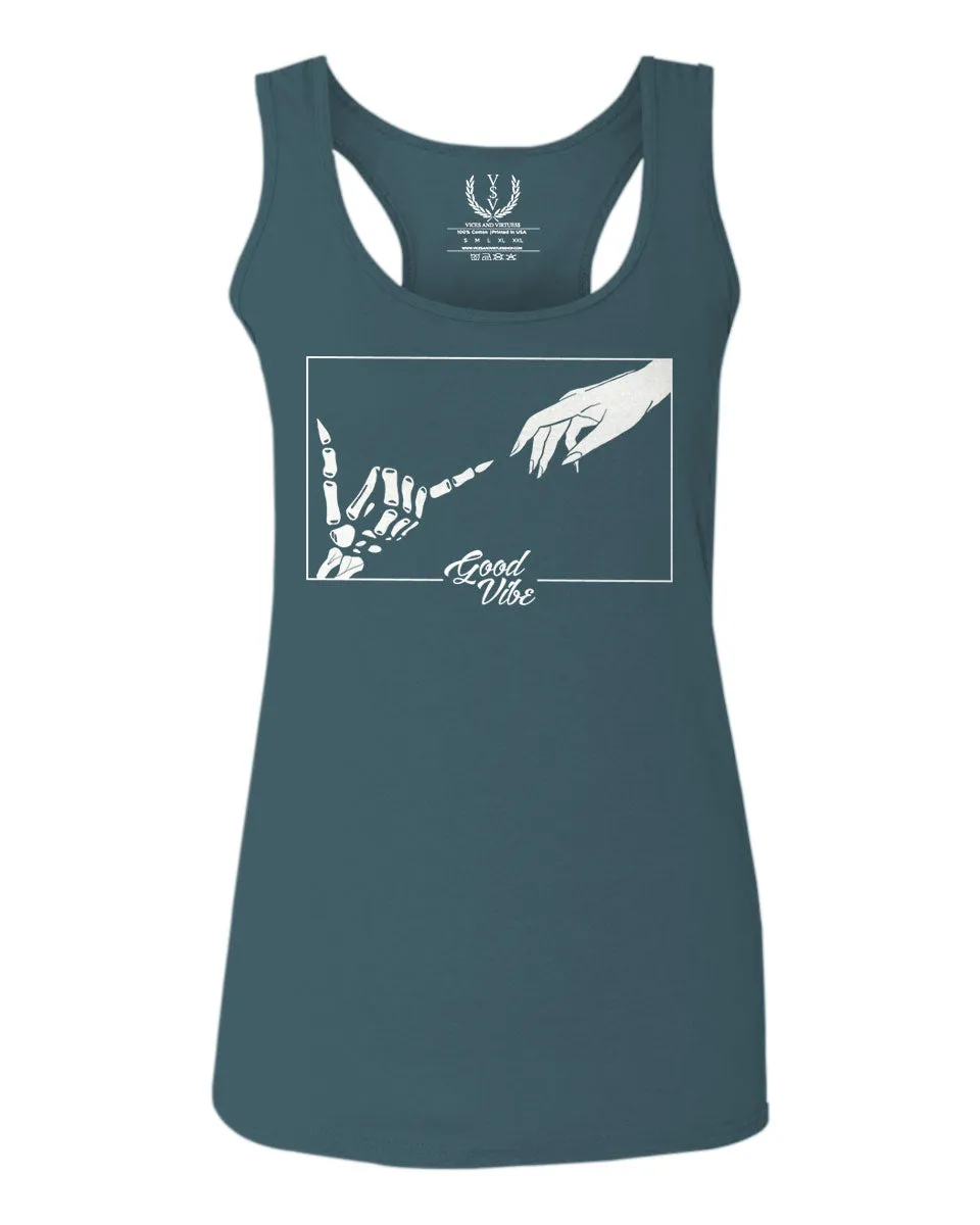 Aesthetic Good Vibe Bones Hand Shaka Cool Vintage Hipster Graphic Michelangelo Art  women's Tank Top sleeveless Racerback
