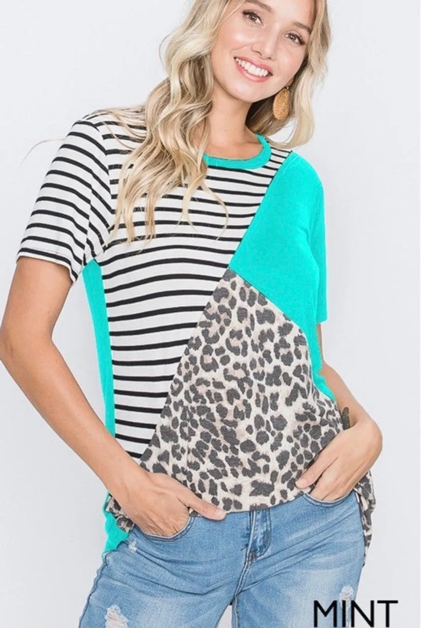 Asymmetrical Leopard & Stripe Tee