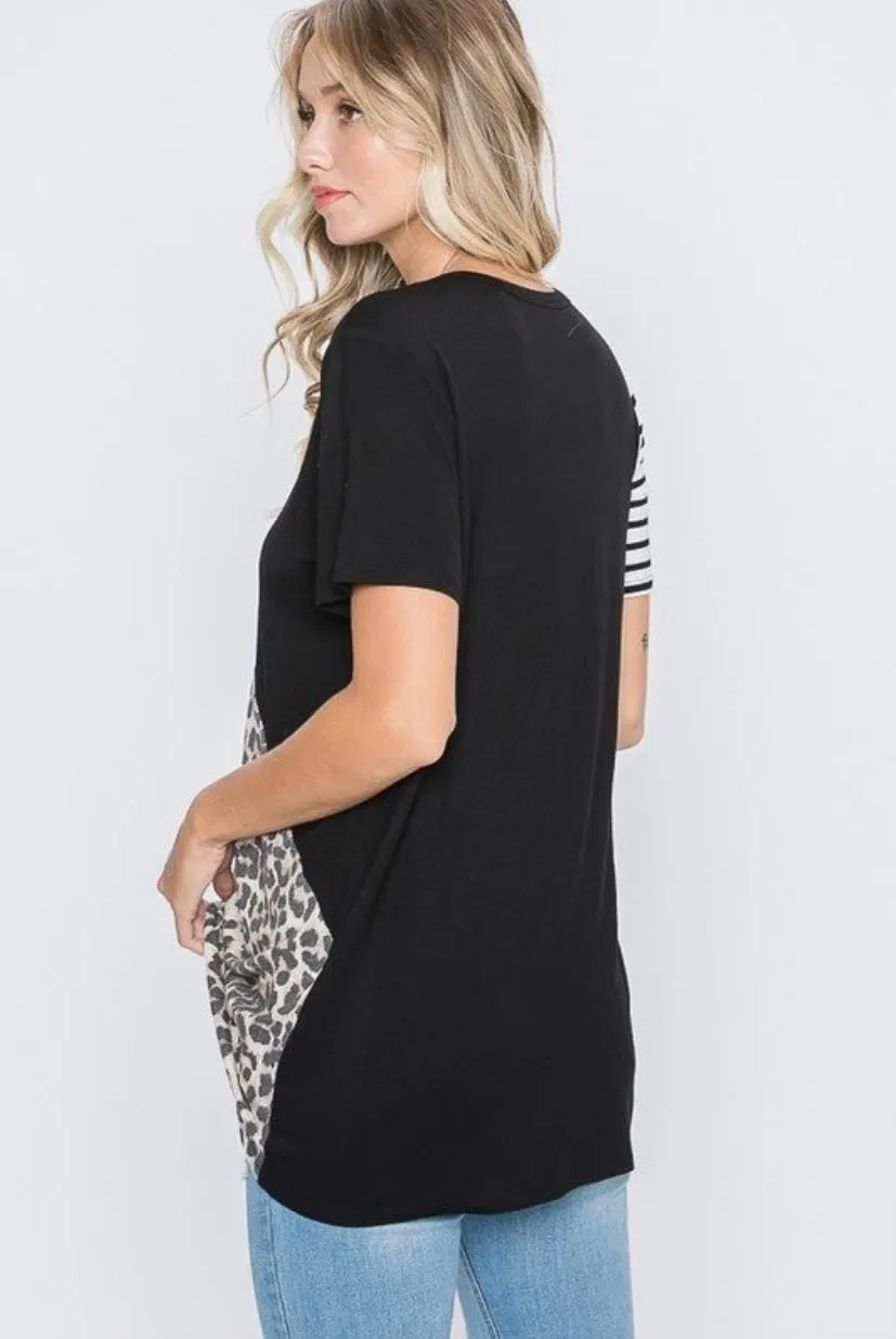 Asymmetrical Leopard & Stripe Tee