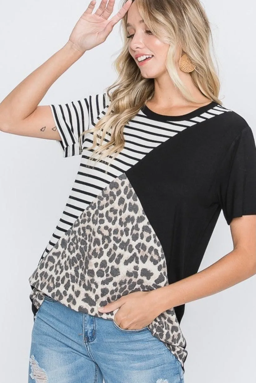 Asymmetrical Leopard & Stripe Tee