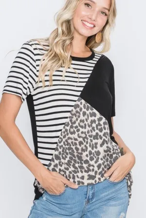 Asymmetrical Leopard & Stripe Tee