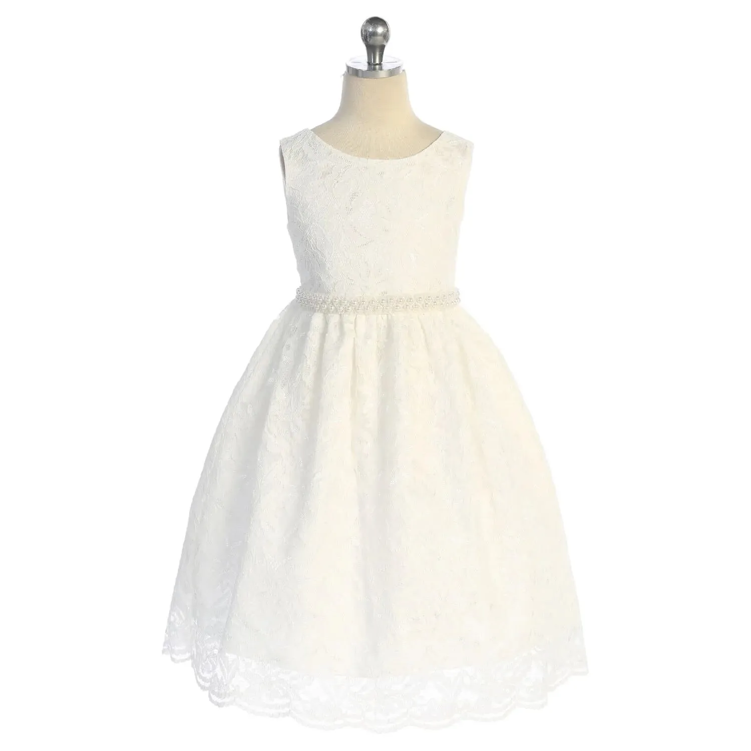 Belle of the Ball Dress - White Full Lace Pearl Sash