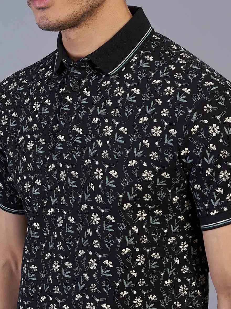 Black Printed Slim Fit Polo T-Shirt | JadeBlue