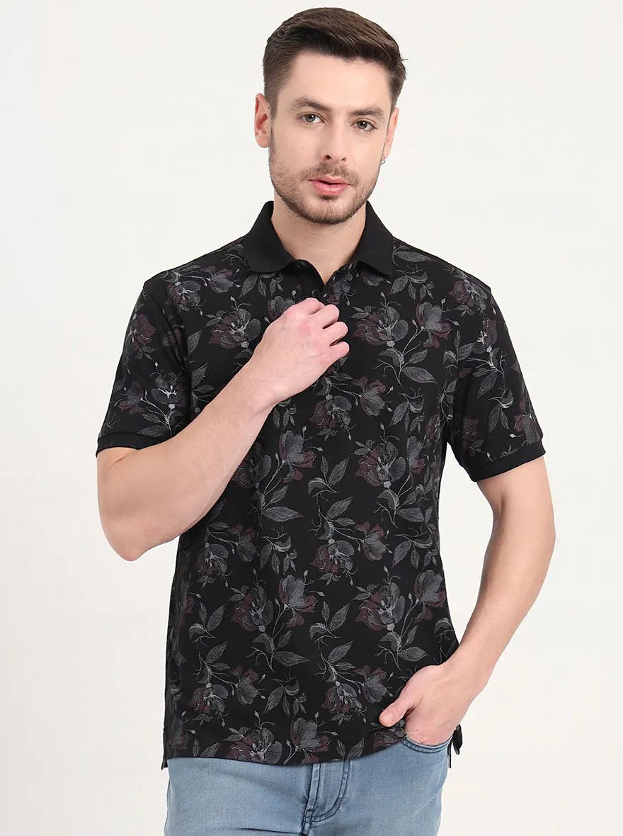 Black Printed Slim Fit Polo T-Shirt | JadeBlue