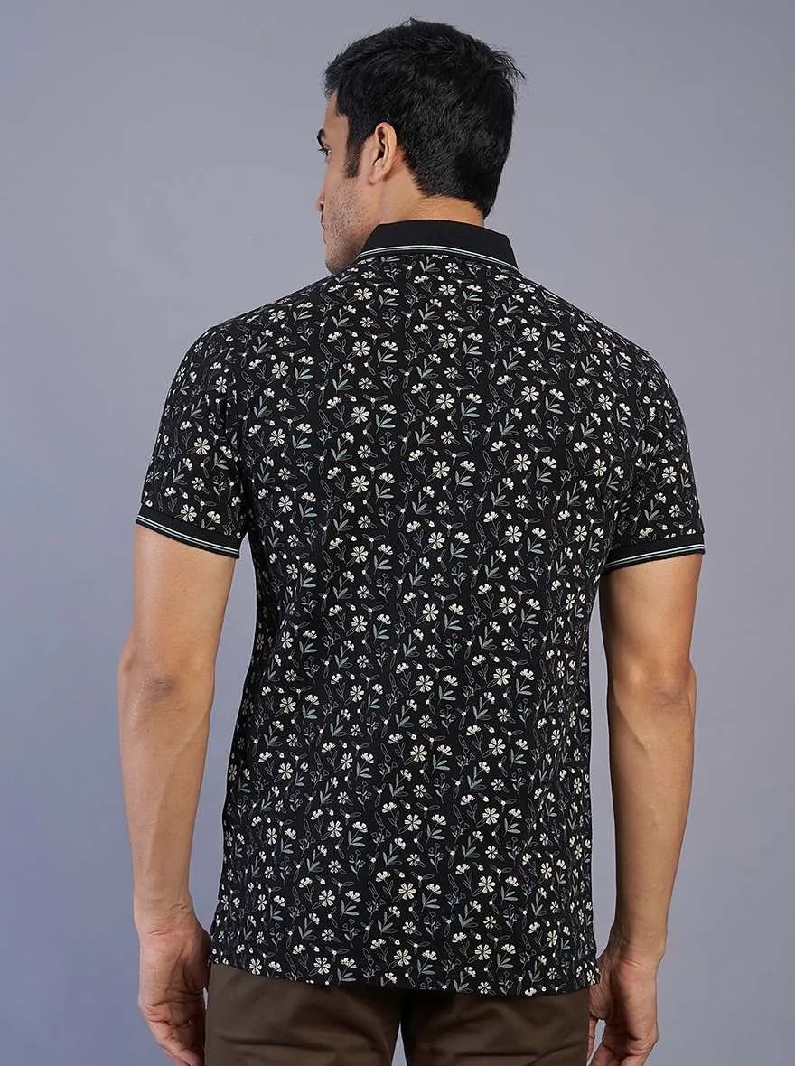 Black Printed Slim Fit Polo T-Shirt | JadeBlue