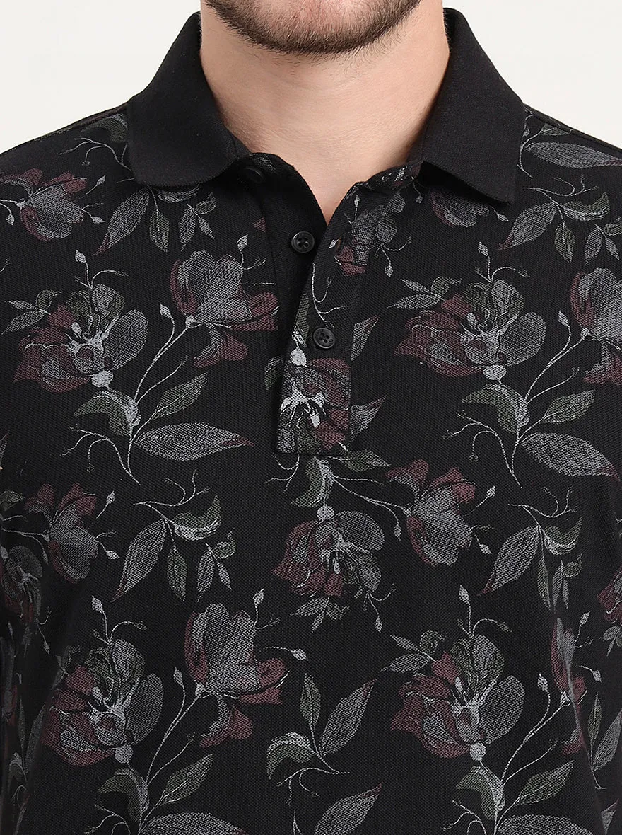 Black Printed Slim Fit Polo T-Shirt | JadeBlue
