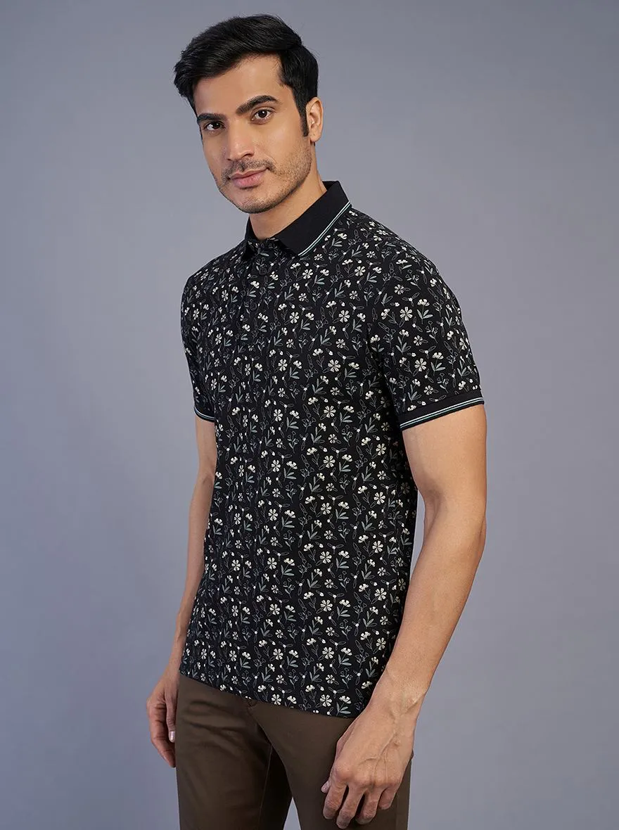 Black Printed Slim Fit Polo T-Shirt | JadeBlue