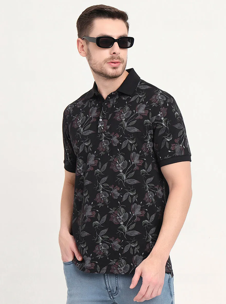 Black Printed Slim Fit Polo T-Shirt | JadeBlue