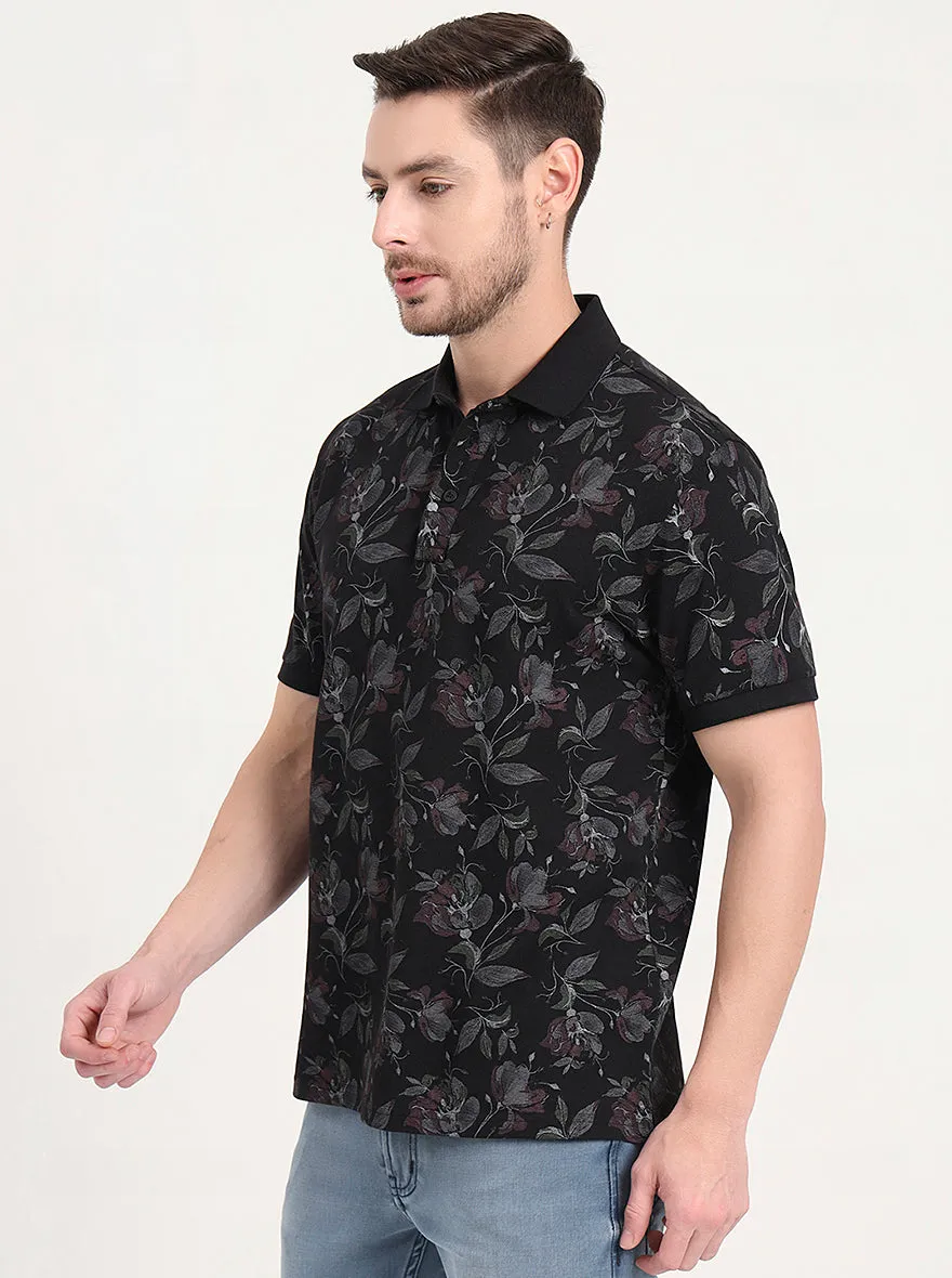 Black Printed Slim Fit Polo T-Shirt | JadeBlue