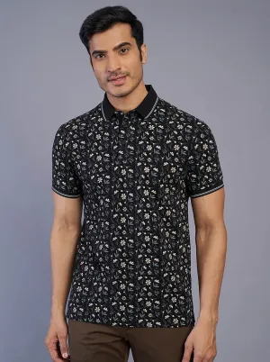 Black Printed Slim Fit Polo T-Shirt | JadeBlue