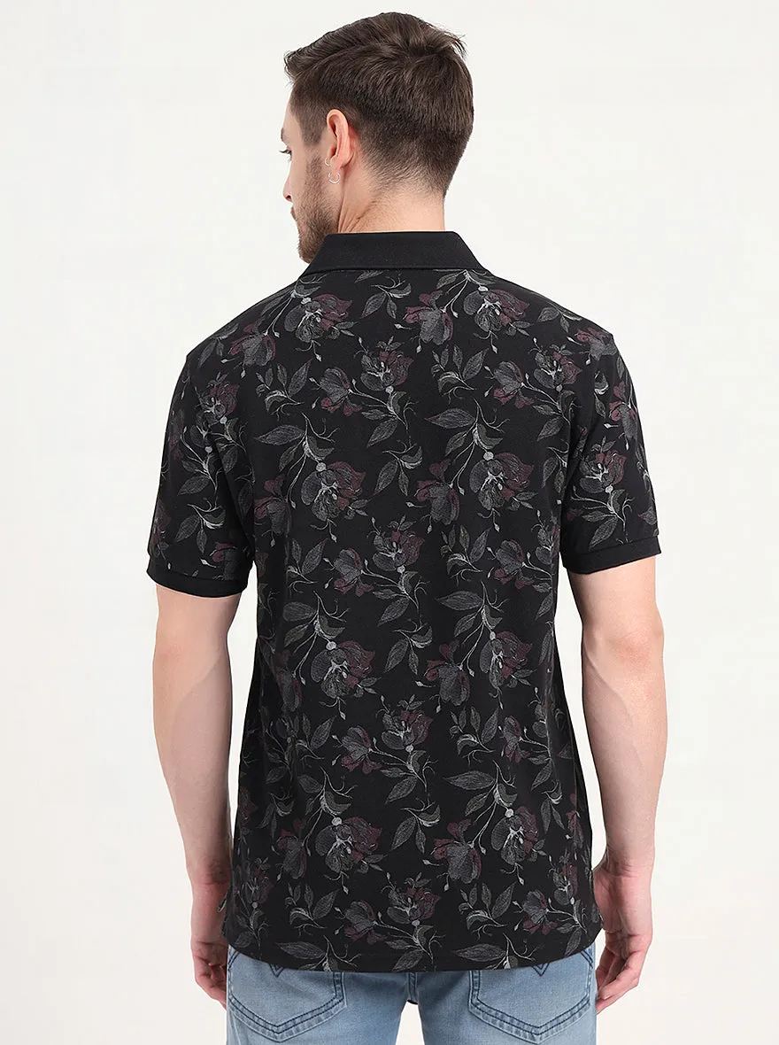 Black Printed Slim Fit Polo T-Shirt | JadeBlue
