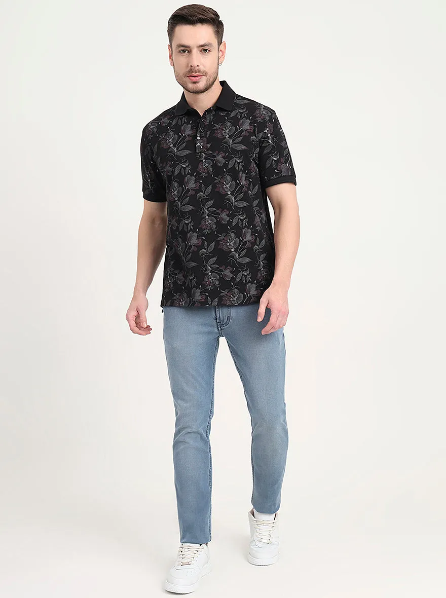 Black Printed Slim Fit Polo T-Shirt | JadeBlue