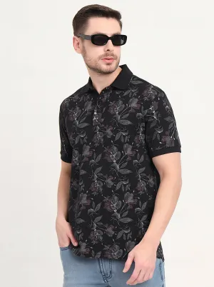 Black Printed Slim Fit Polo T-Shirt | JadeBlue
