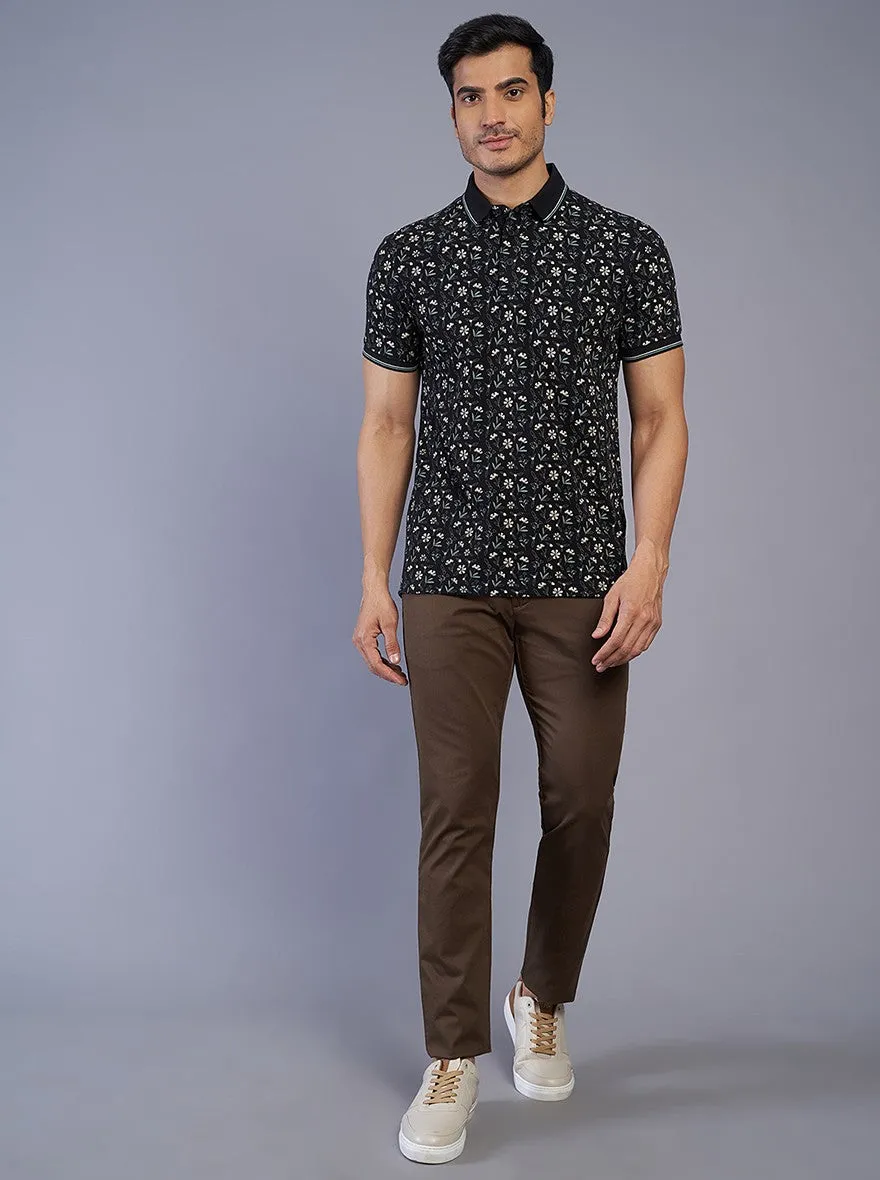 Black Printed Slim Fit Polo T-Shirt | JadeBlue
