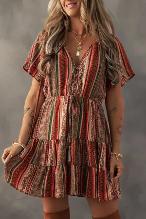 Bohemian Floral Print Buttoned V Neck Ruffle Tiered Dress
