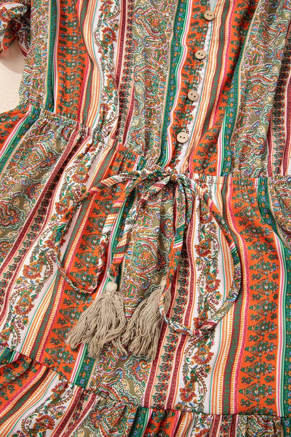 Bohemian Floral Print Buttoned V Neck Ruffle Tiered Dress