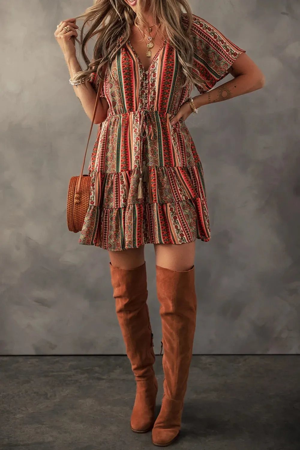 Bohemian Floral Print Buttoned V Neck Ruffle Tiered Dress