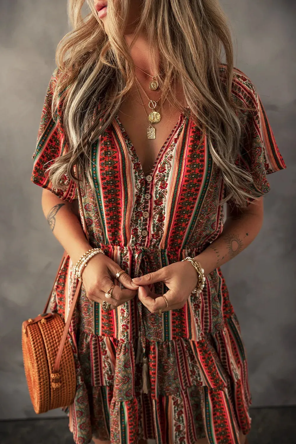 Bohemian Floral Print Buttoned V Neck Ruffle Tiered Dress