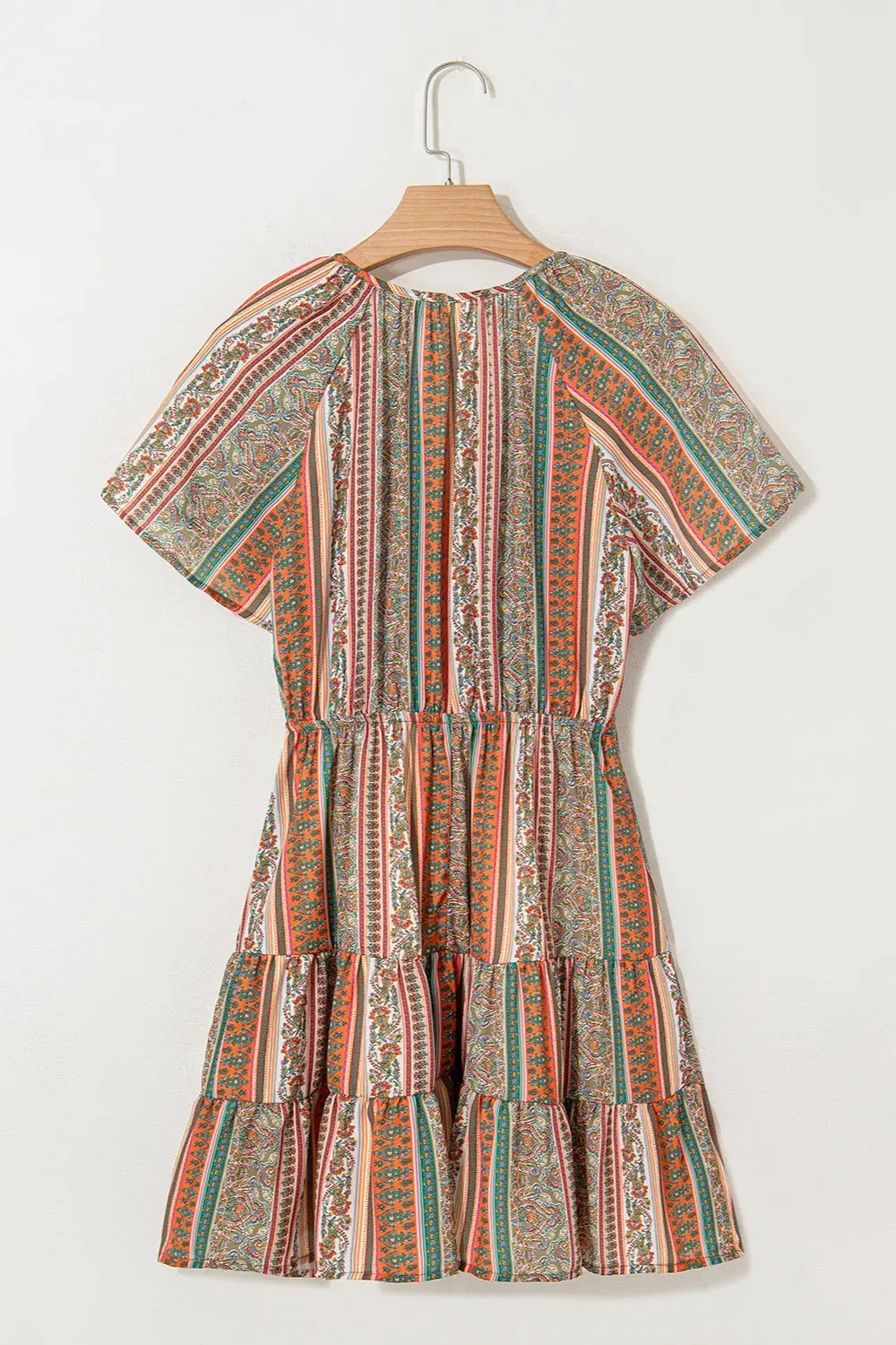 Bohemian Floral Print Buttoned V Neck Ruffle Tiered Dress