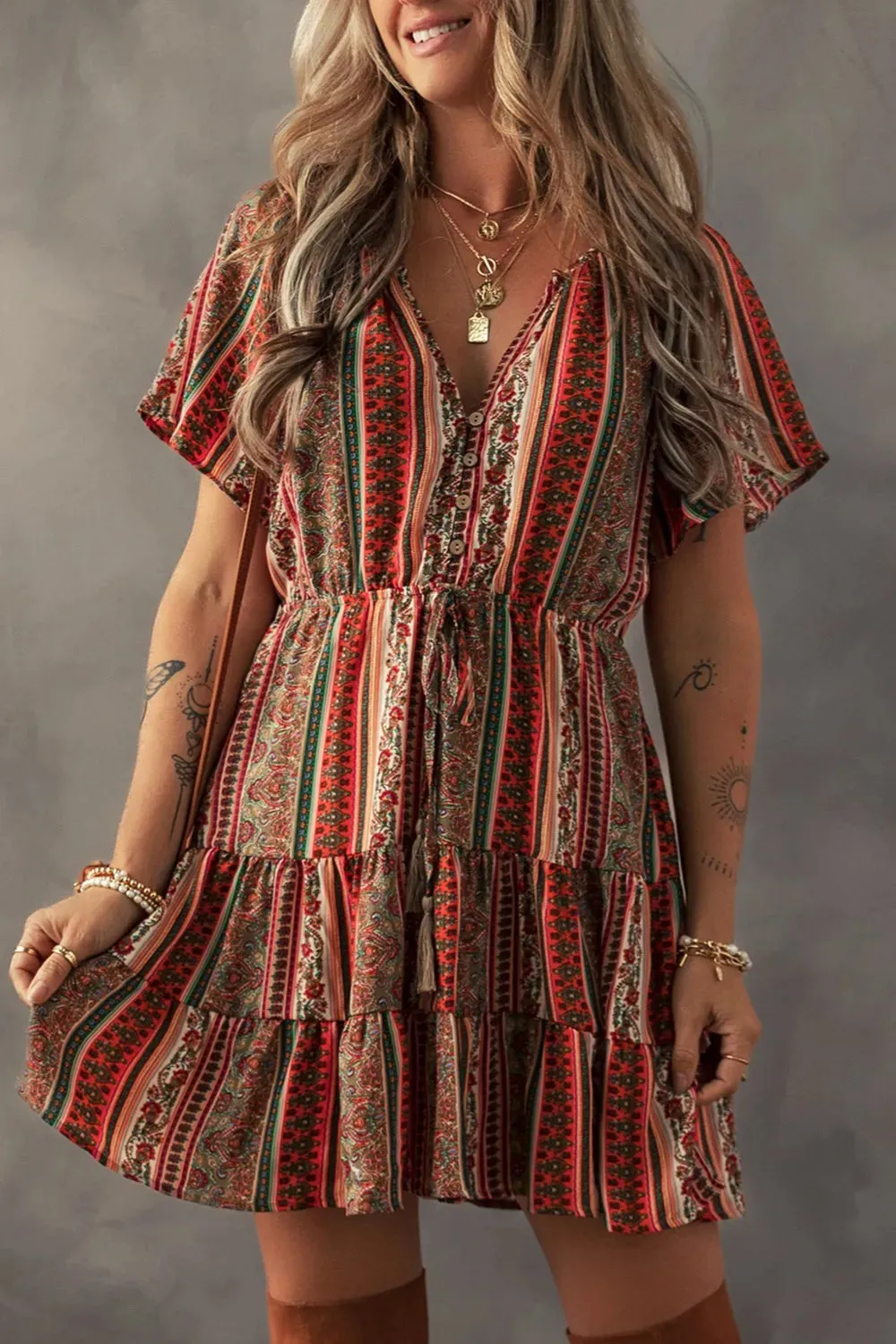 Bohemian Floral Print Buttoned V Neck Ruffle Tiered Dress