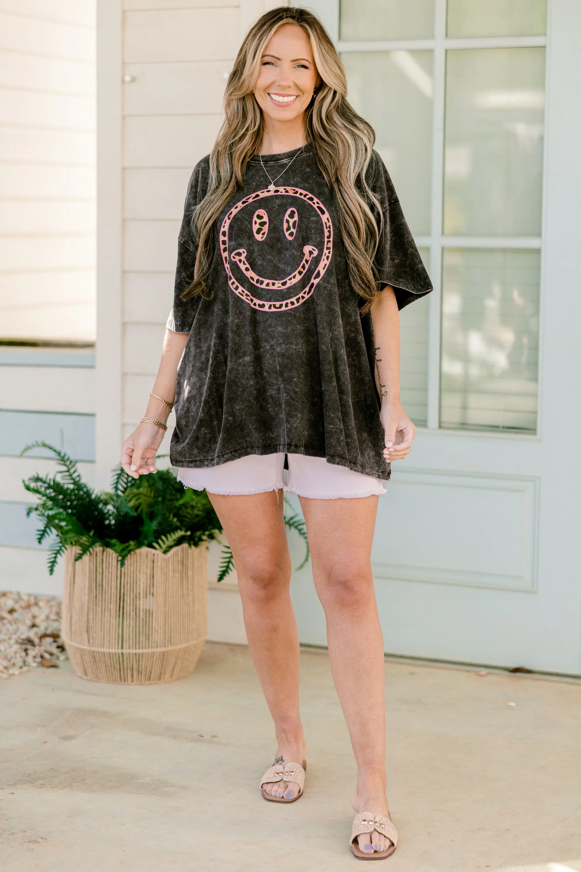 Bright Smiles Acid Wash Relaxed Tee, Ash Black