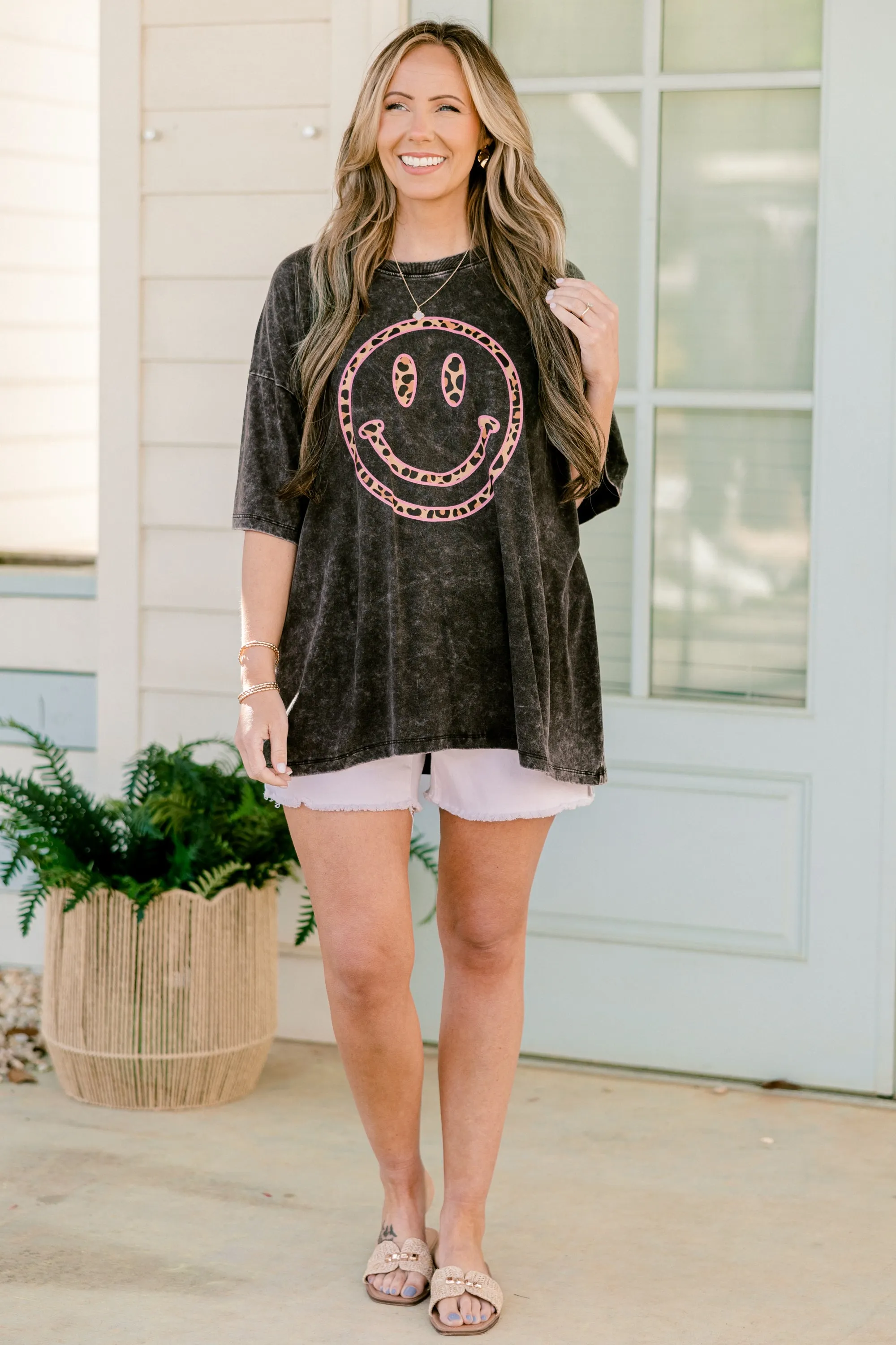 Bright Smiles Acid Wash Relaxed Tee, Ash Black