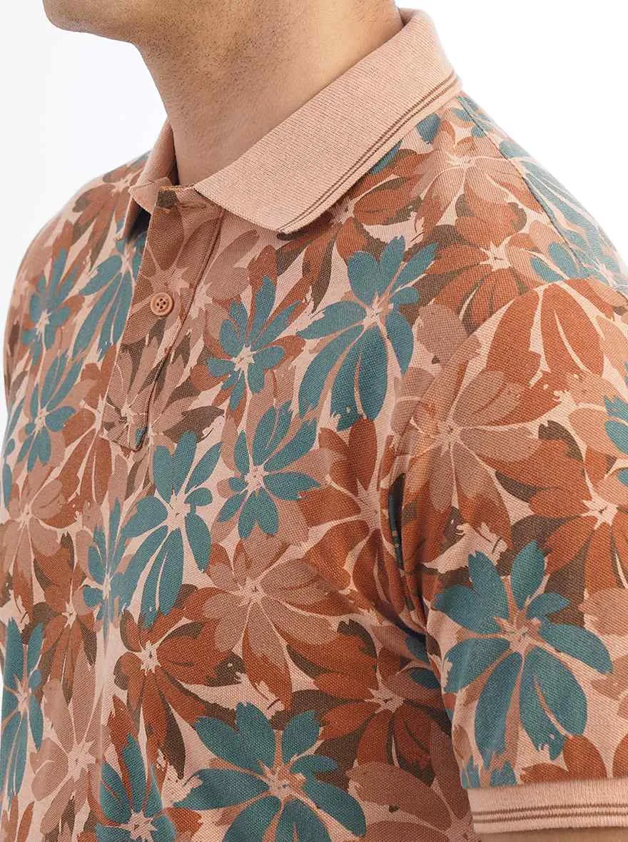 Brown Printed Slim Fit Polo T-Shirt | Greenfibre