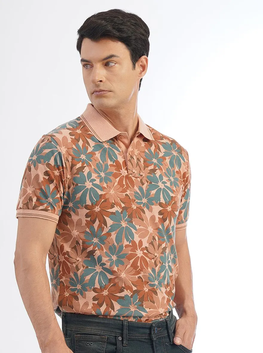 Brown Printed Slim Fit Polo T-Shirt | Greenfibre