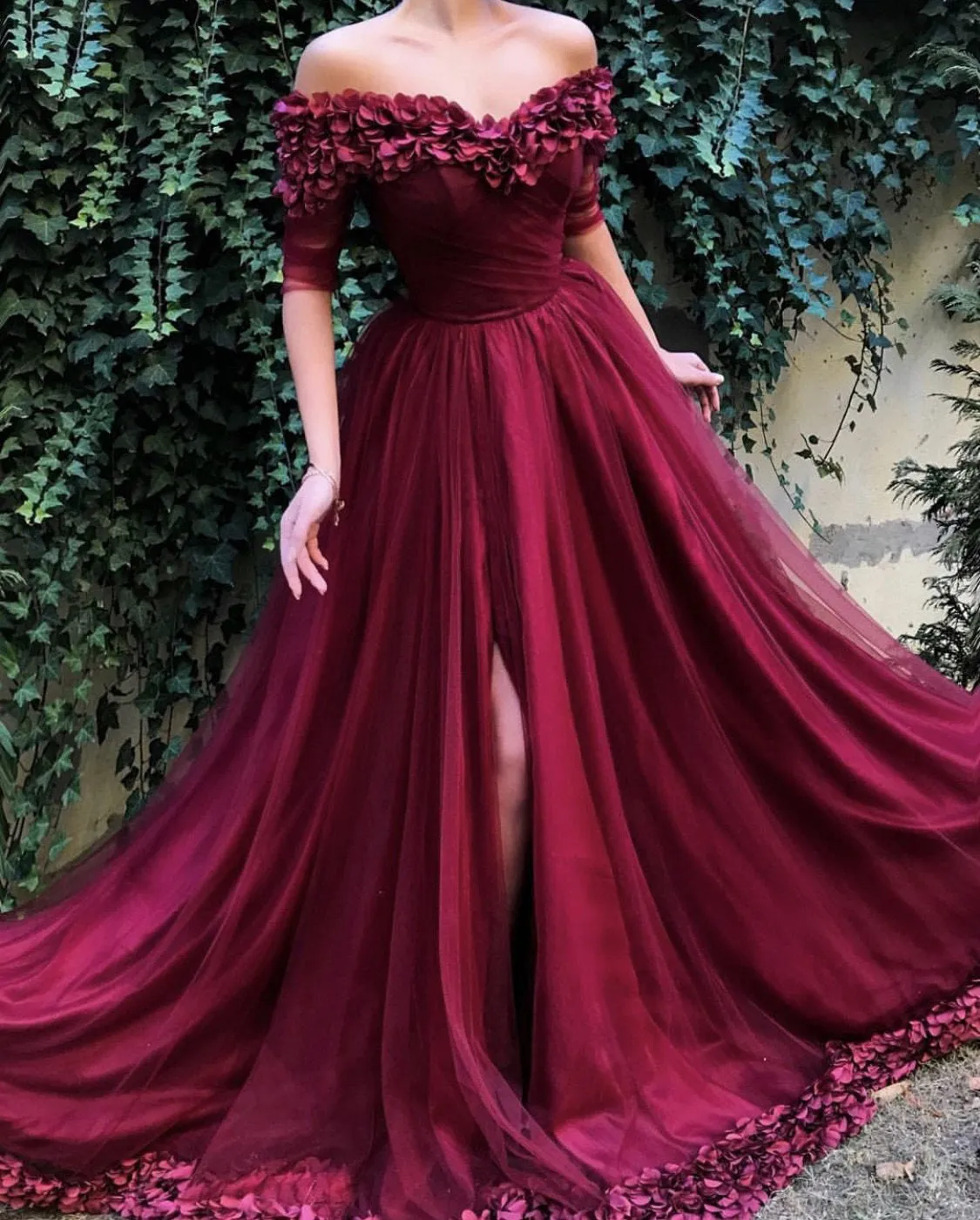 Burgundy Off the Shoulder Maroon A Line Long Tulle Prom Dress New OKG91