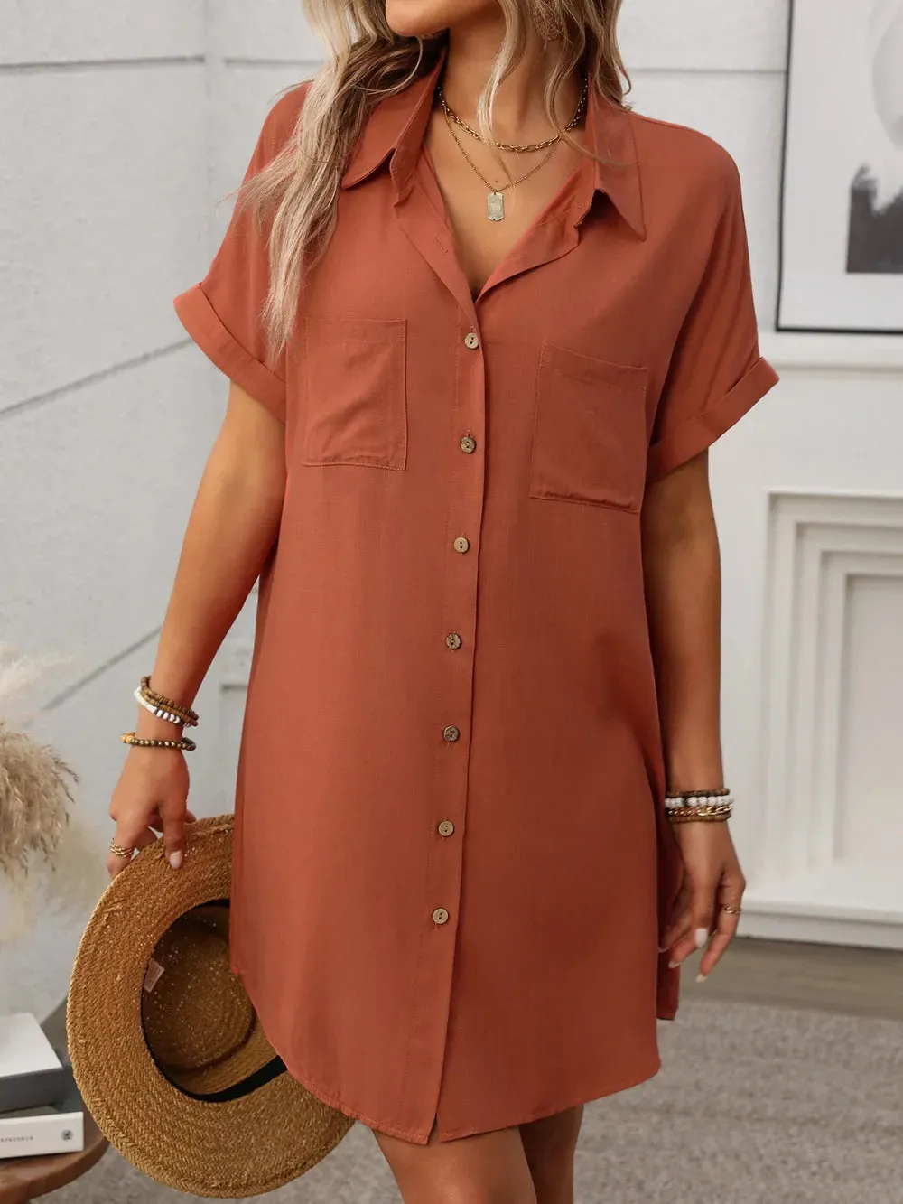 Button Down Short Sleeve Mini Dress
