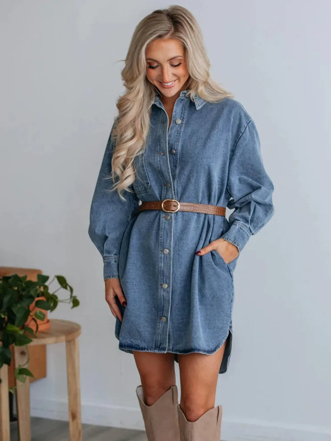 Button Up Collared Neck Long Sleeve Denim Dress