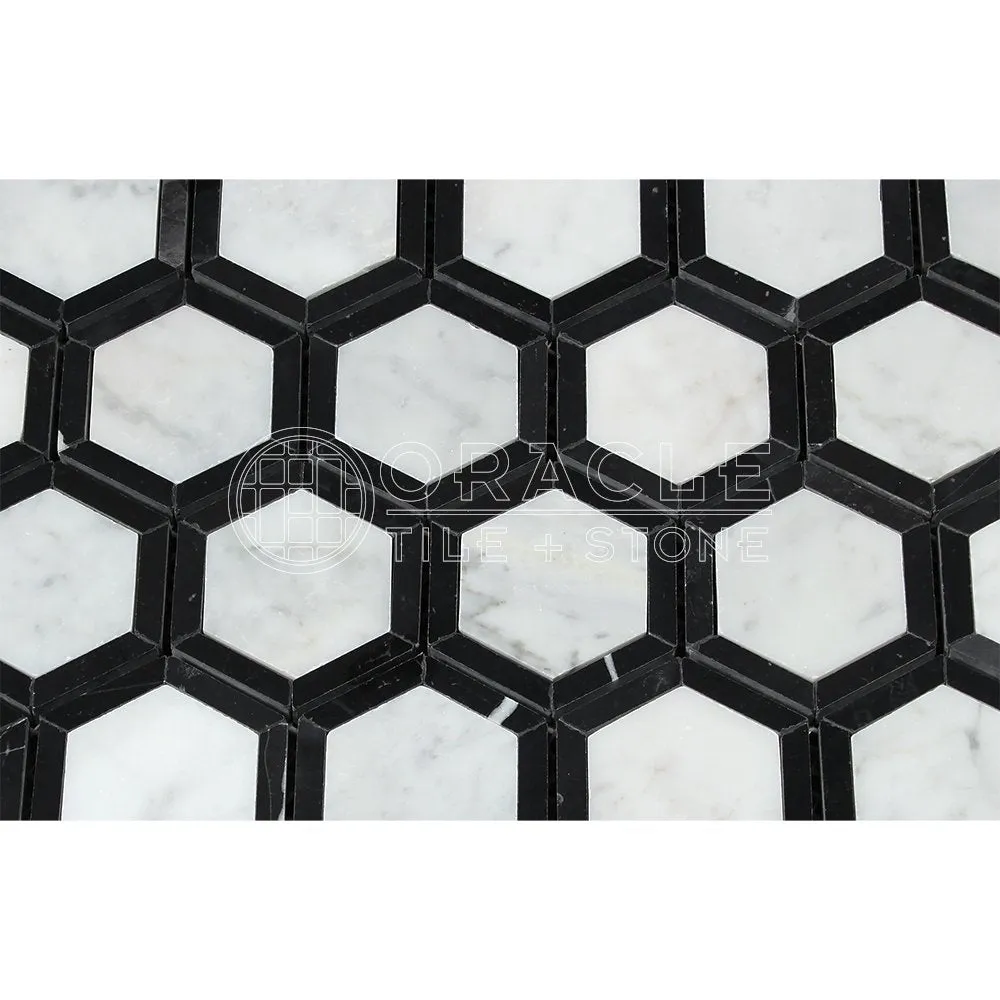 Carrara White Italian (Bianco Carrara) Marble Vortex Hexagon with Black Strips, Polished