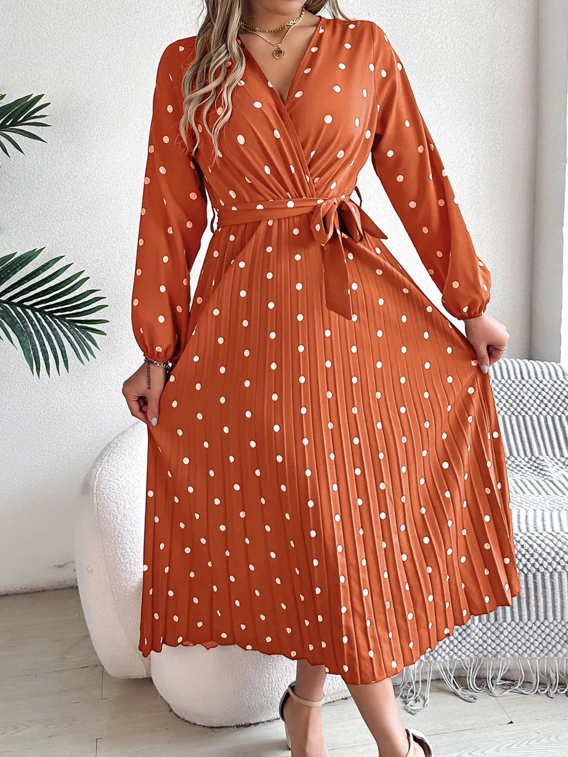 Carrie Tied Polka Dot Long Sleeve Midi Dress