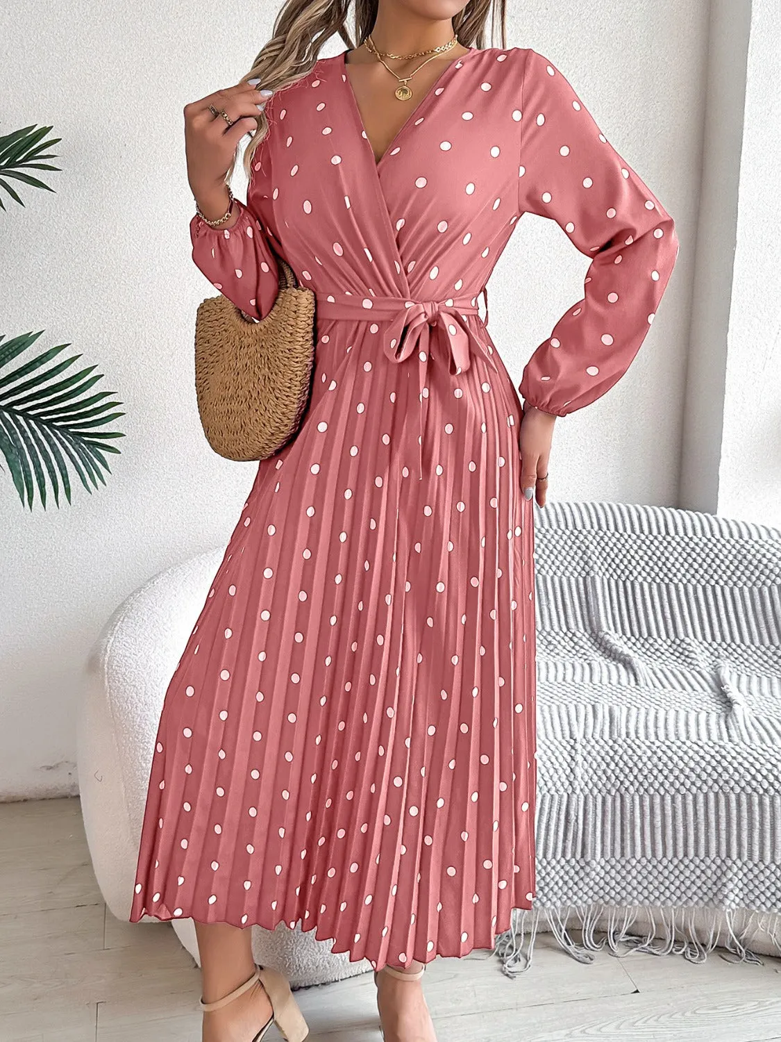 Carrie Tied Polka Dot Long Sleeve Midi Dress