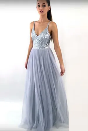 Charming A Line Spaghetti Straps V Neck Long Grey Tulle Prom Dress OK634