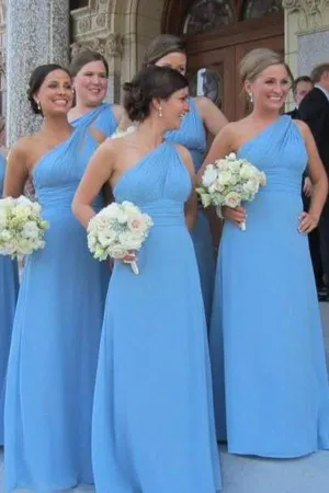 Chiffon One Shoulder Floor Length Sky Blue Pleated Bridesmaid Dress OK926