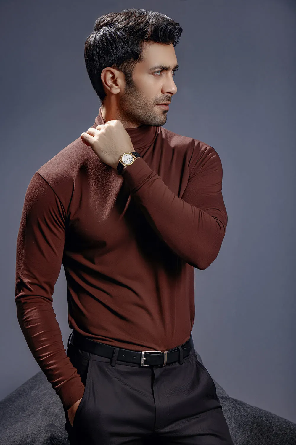 Chocolate Brown Full Sleeves Turtle Neck