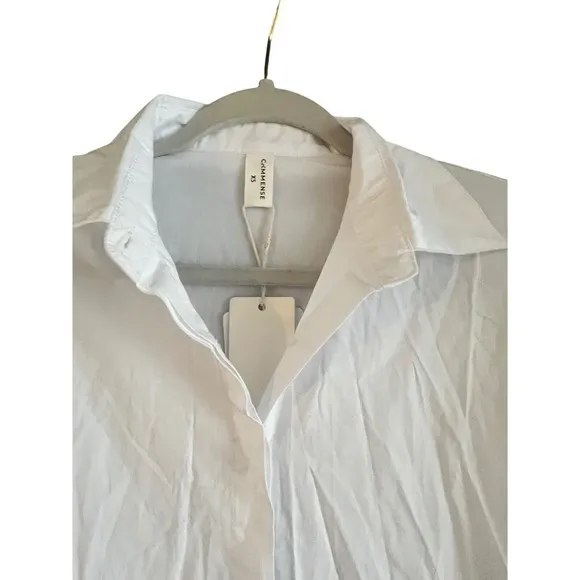 Commense White Mini Dress Long Sleeve Button Up Collar Oversized S