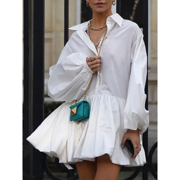 Commense White Mini Dress Long Sleeve Button Up Collar Oversized S