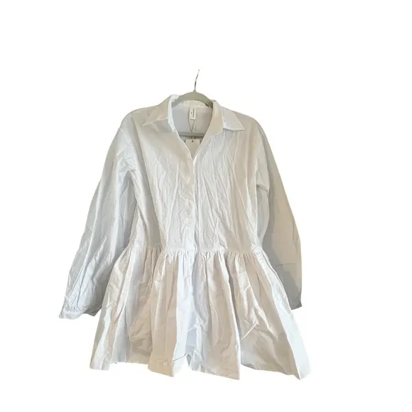 Commense White Mini Dress Long Sleeve Button Up Collar Oversized S