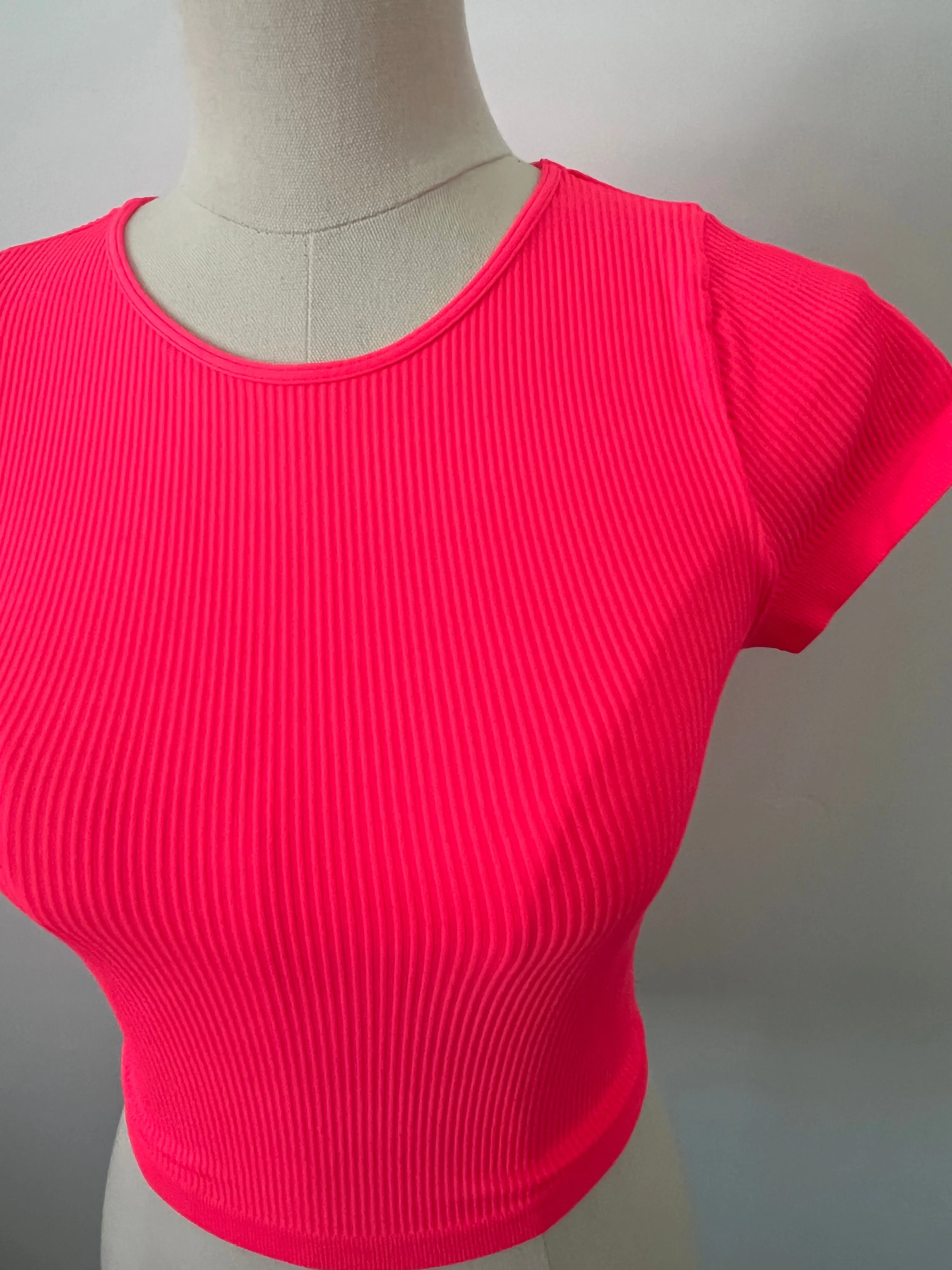 Cropped Ribbed Baby Tee - Neon Coral
