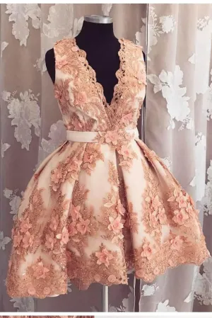 Cute A-line Deep-V Lace Appliques Short Homecoming Dress OKA74
