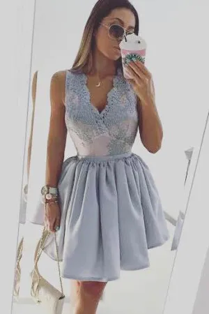 Cute Lace Top Satin V-neck Sleeveless A Line Homecoming Dress OKA77